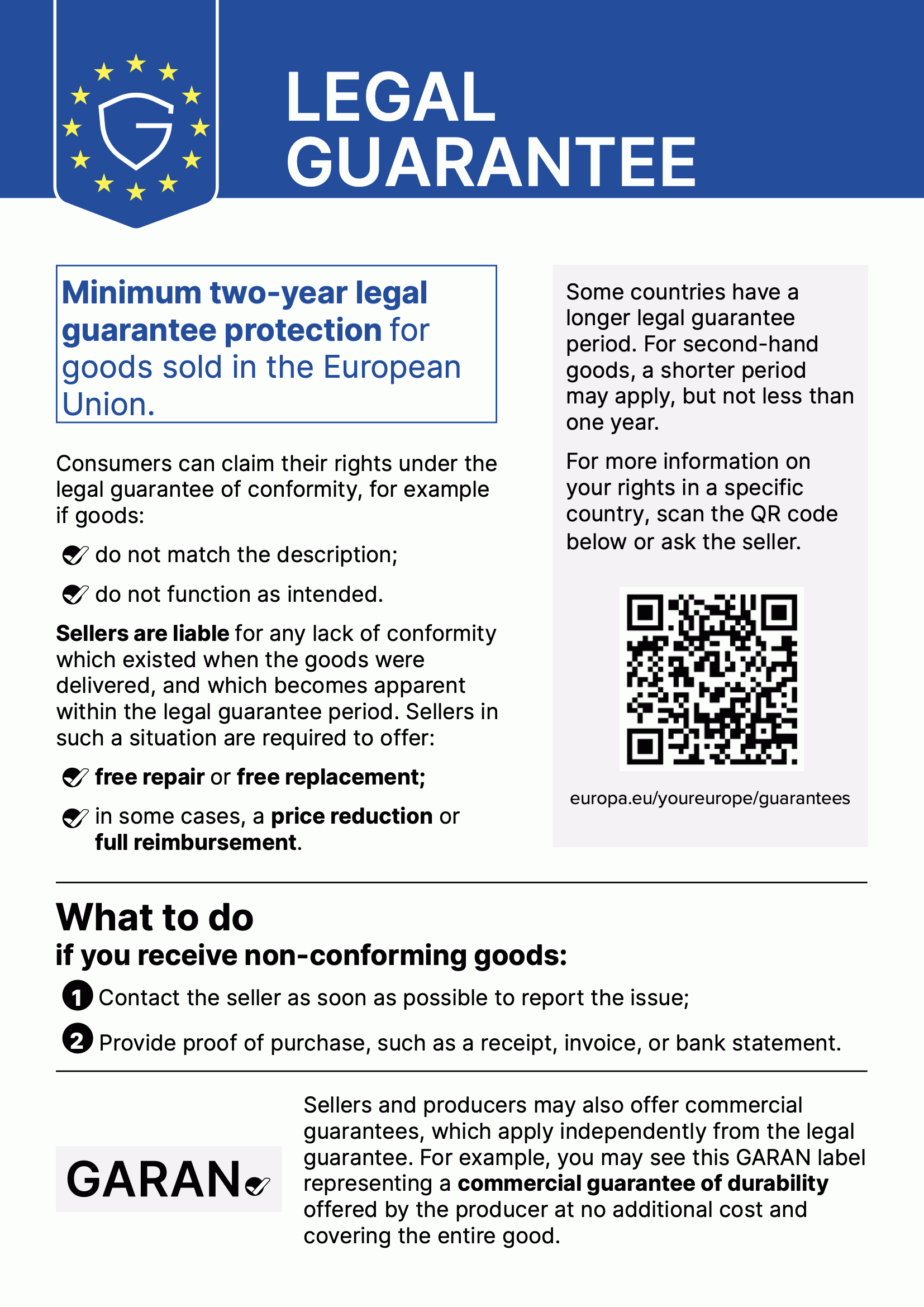European Union harmonised notice on the legal guarantee of conformity